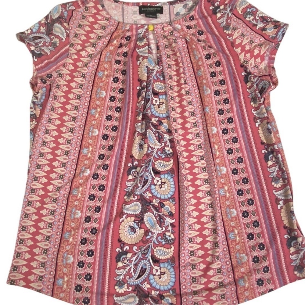 Liz Claiborne Career Pink Paisley Floral Stripe Keyhole Blouse Top Womens Large